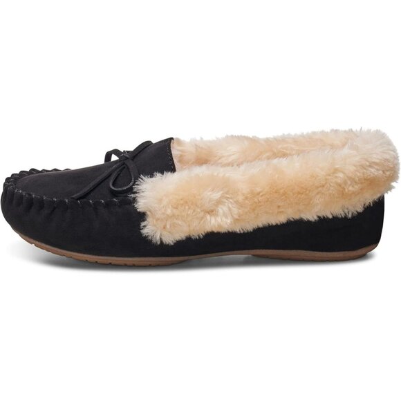 Women’s Faux Fur Lined Slip On Cozy Warm Stylish Durable Black Bow Slippers Boot - Picture 2 of 7